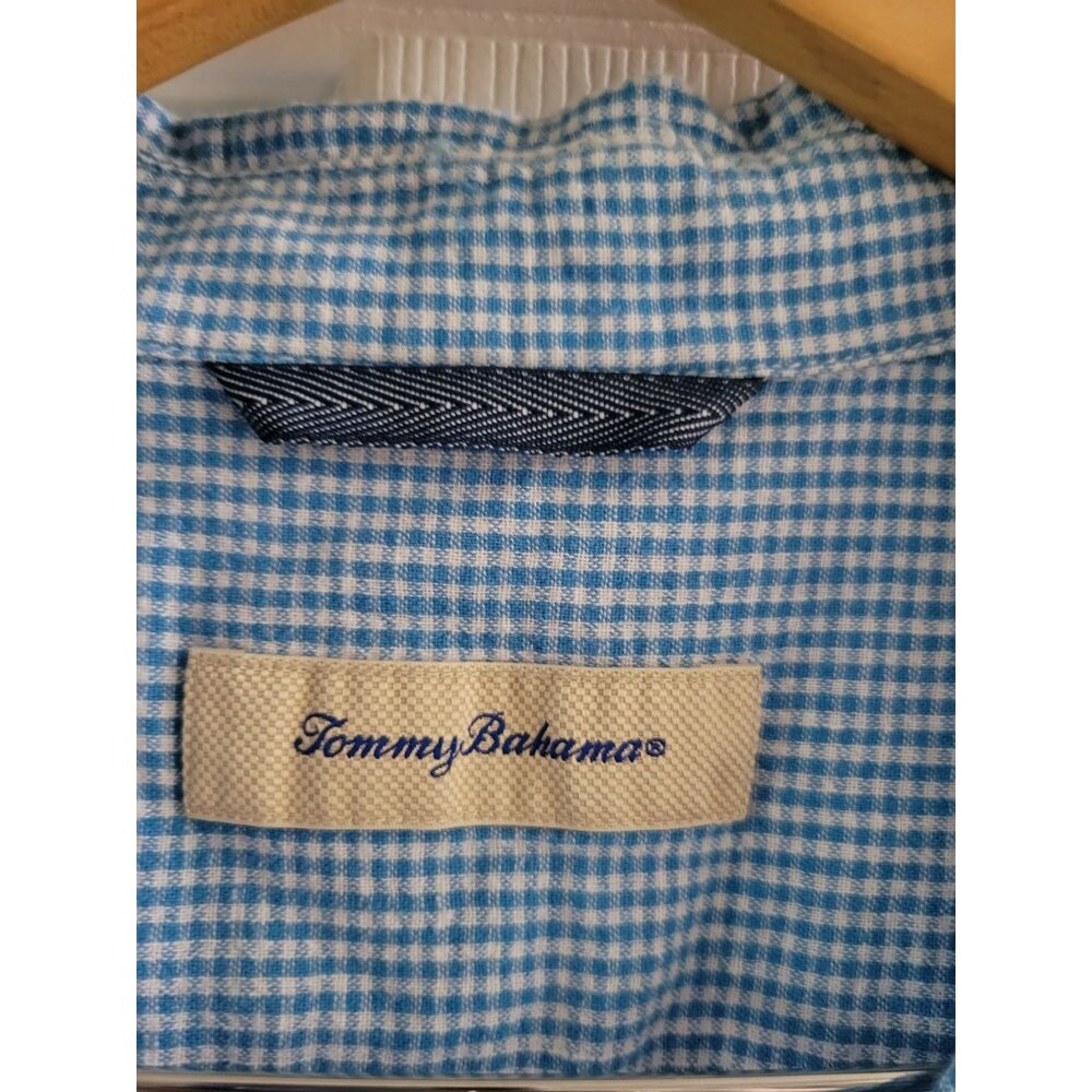 Tommy Bahama Mens blue gingham Shirt linen blend short sleeve size Medium - Picture 2 of 7